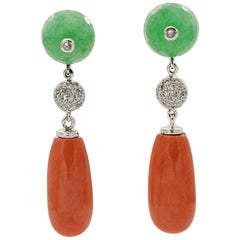 White Diamonds, Green Agte, Coral Drops, 14K White and Rose Gold Drop Earrings