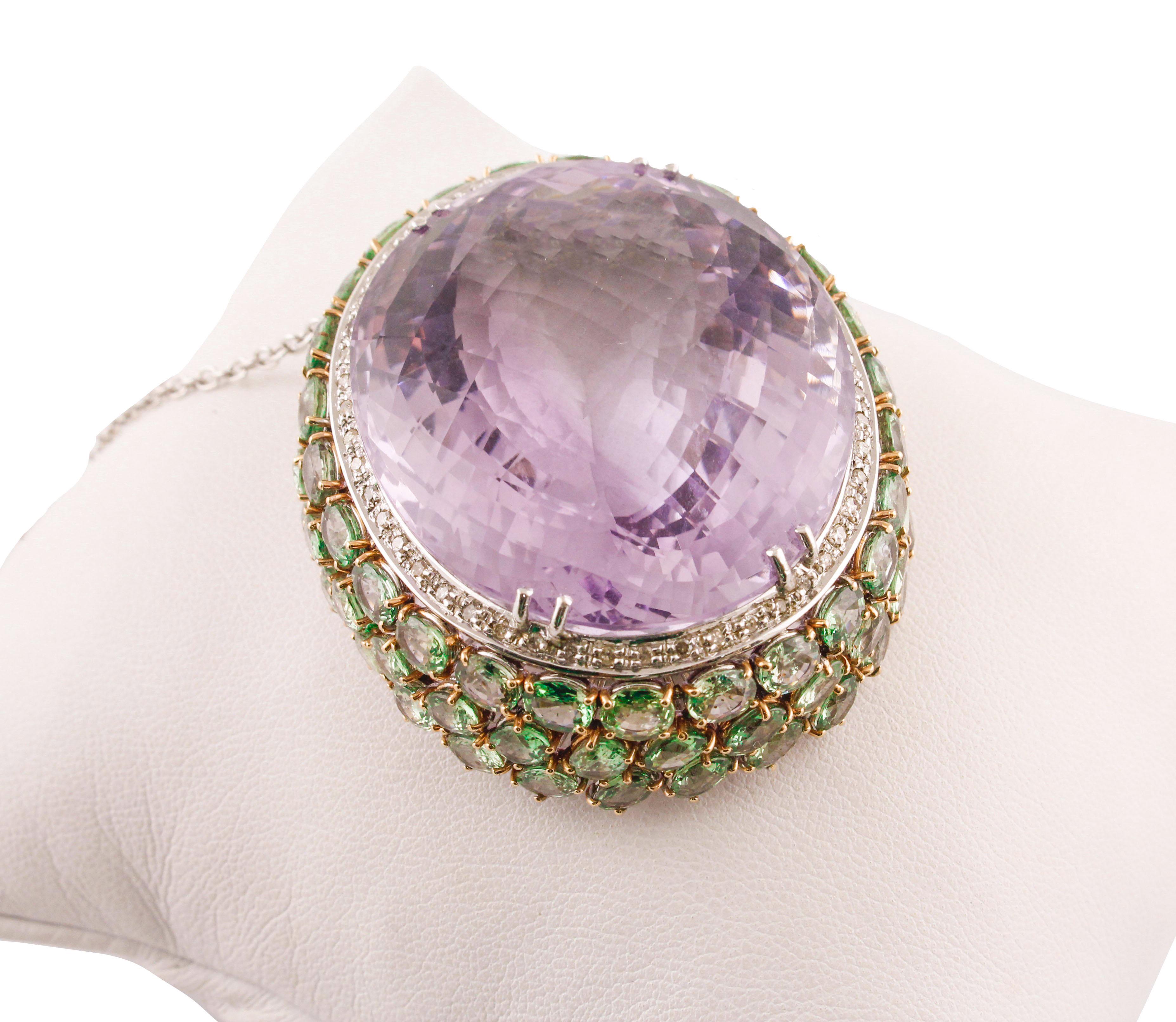 Retro White Diamonds Green Sapphires Amethyst White Gold Pendant Necklace For Sale