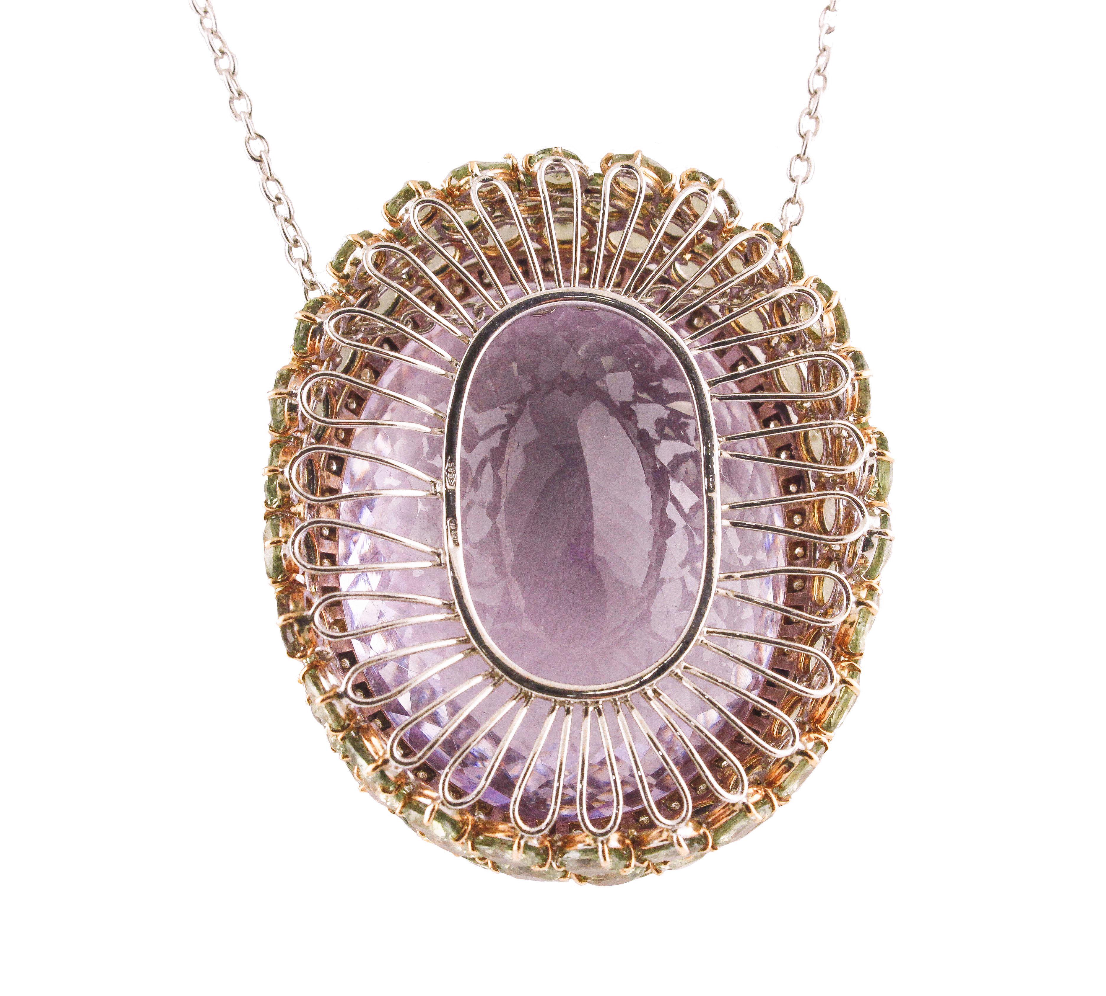 Brilliant Cut White Diamonds Green Sapphires Amethyst White Gold Pendant Necklace For Sale