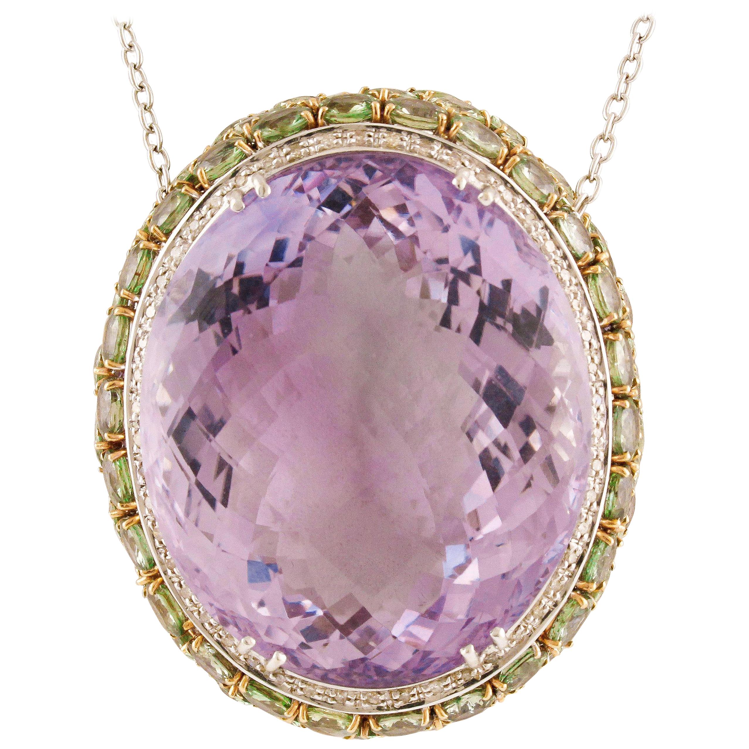 White Diamonds Green Sapphires Amethyst White Gold Pendant Necklace For Sale