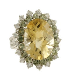White Diamonds Green Sapphires Yellow Topaz White Gold Cluster Ring
