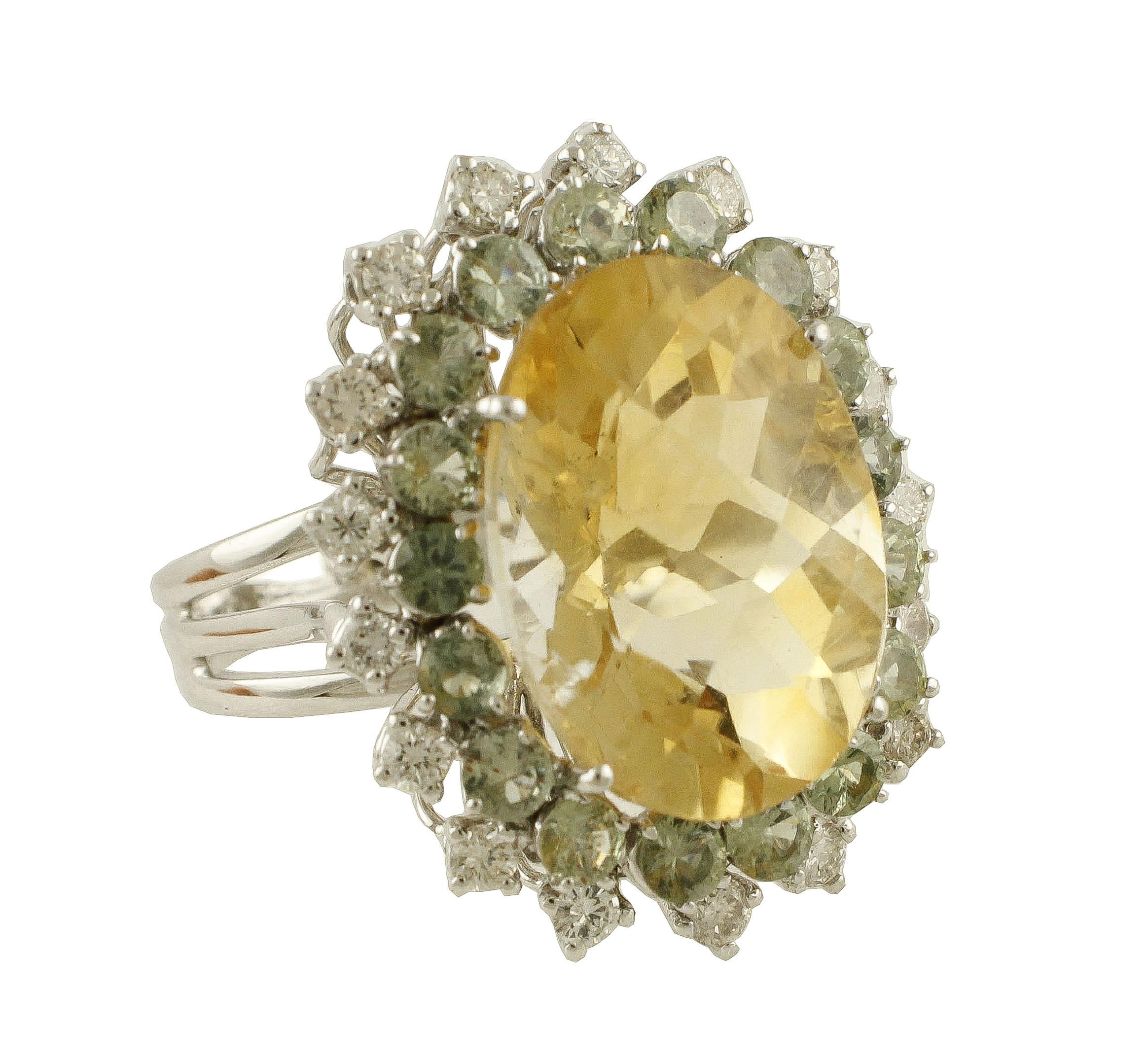 Retro White Diamonds Green Sapphires Yellow Topaz White Gold Cluster Ring
