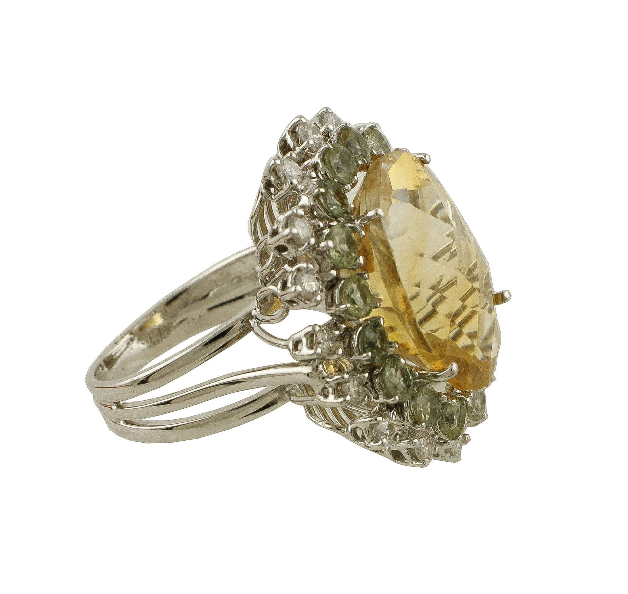 White Diamonds Green Sapphires Yellow Topaz White Gold Cluster Ring In Excellent Condition In Marcianise, Marcianise (CE)