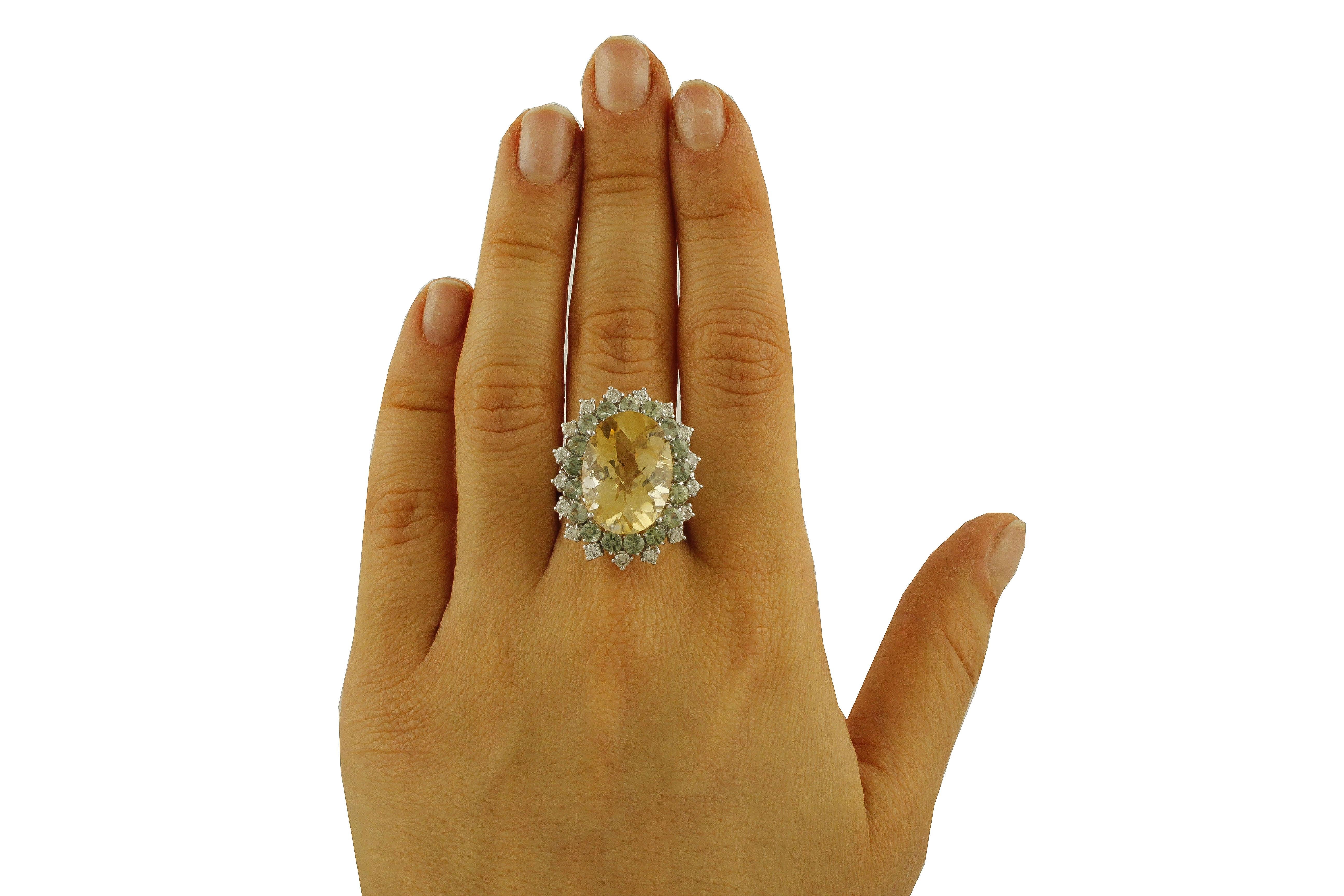 White Diamonds Green Sapphires Yellow Topaz White Gold Cluster Ring 4
