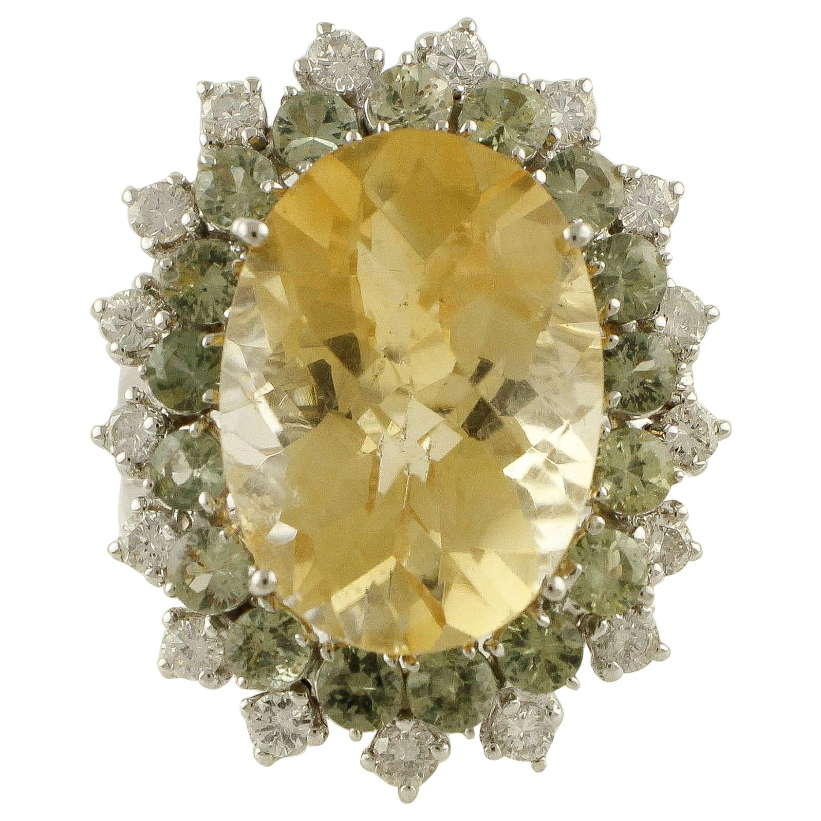 White Diamonds Green Sapphires Yellow Topaz White Gold Cluster Ring