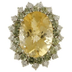 White Diamonds Green Sapphires Yellow Topaz White Gold Cluster Ring
