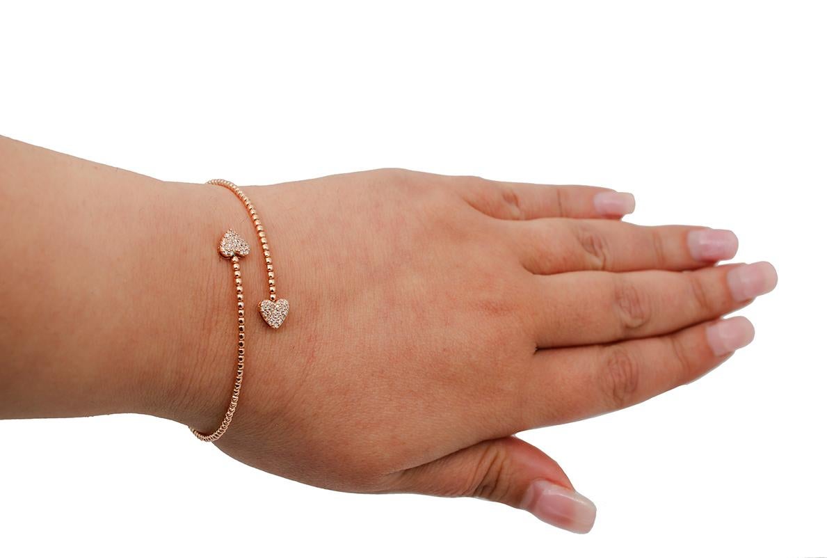 Round Cut White Diamonds, Heart Detailes, 18kt Rose Gold Cuff/Modern Bracelet For Sale