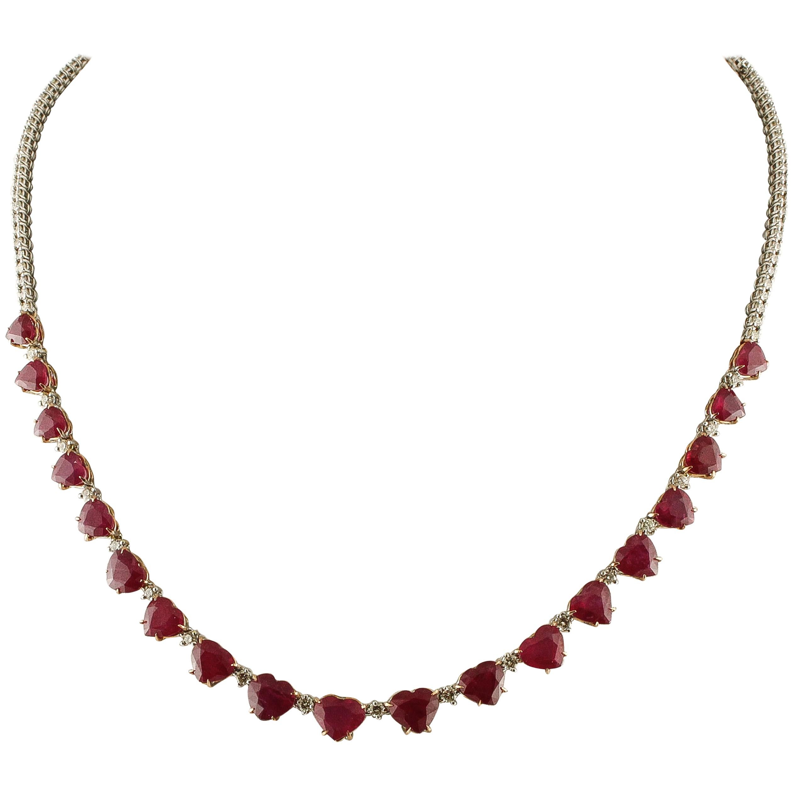 White Diamonds Heart Shape Rubies White and Rose Gold Tennis Necklace