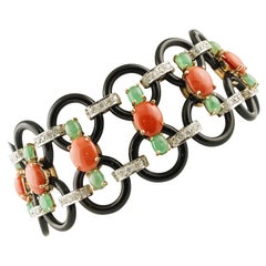 White Diamonds Onyx Emeralds Coral White Gold Link Bracelet