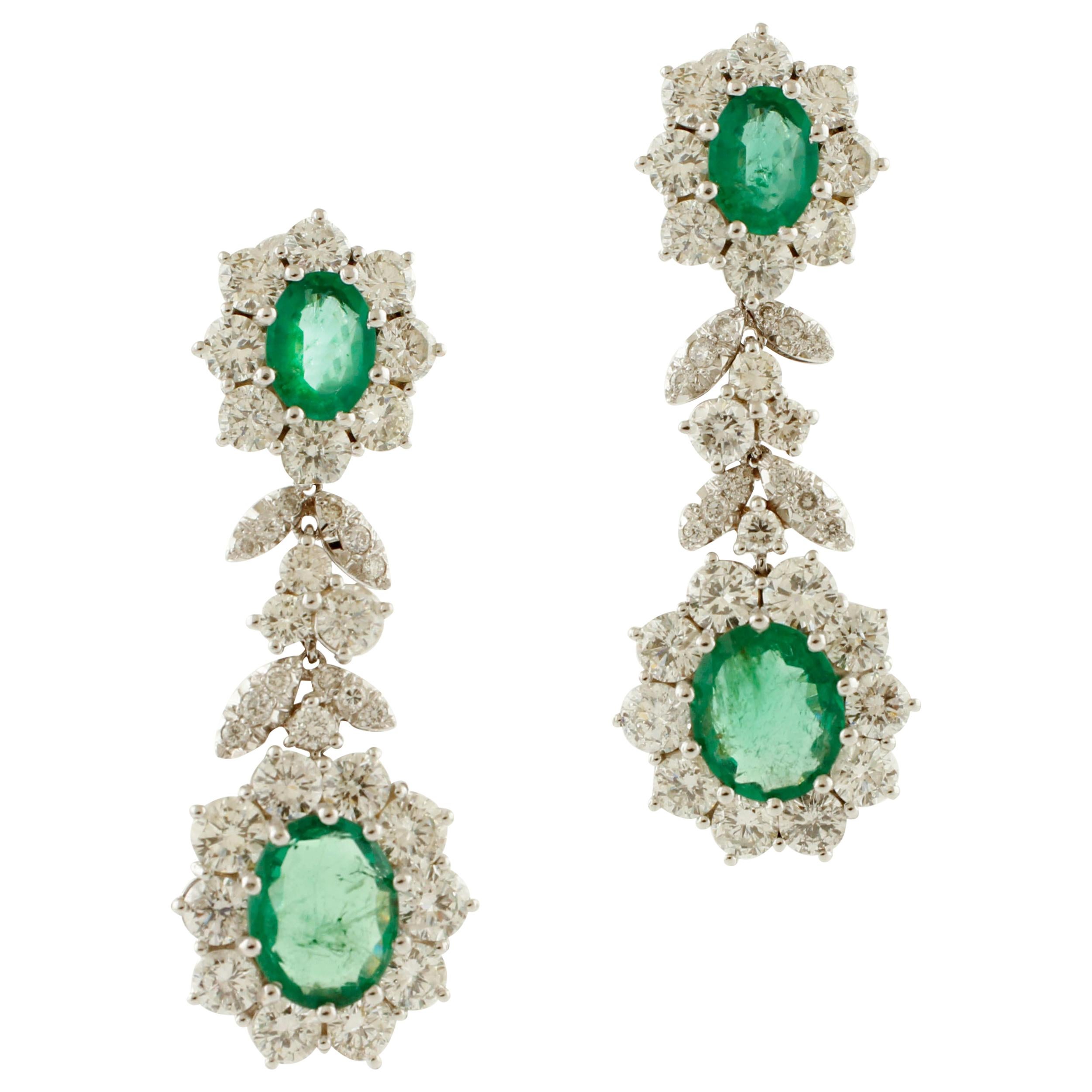 9, 71 ct Diamonds, 6, 58  ct Oval  Emeralds, 18 Kt White Gold Clip-On Earrings For Sale