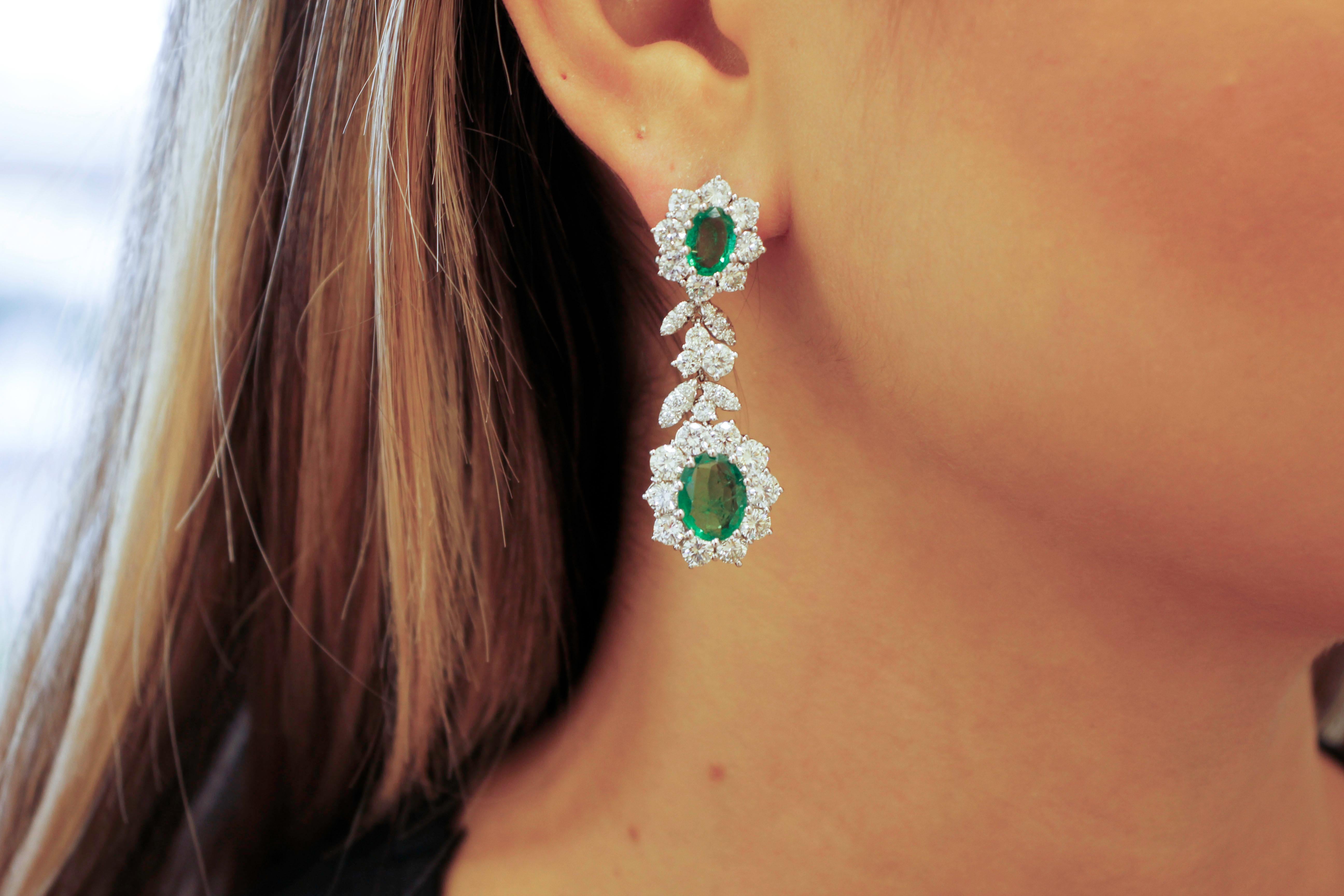 Women's 9, 71 ct Diamonds, 6, 58  ct Oval  Emeralds, 18 Kt White Gold Clip-On Earrings