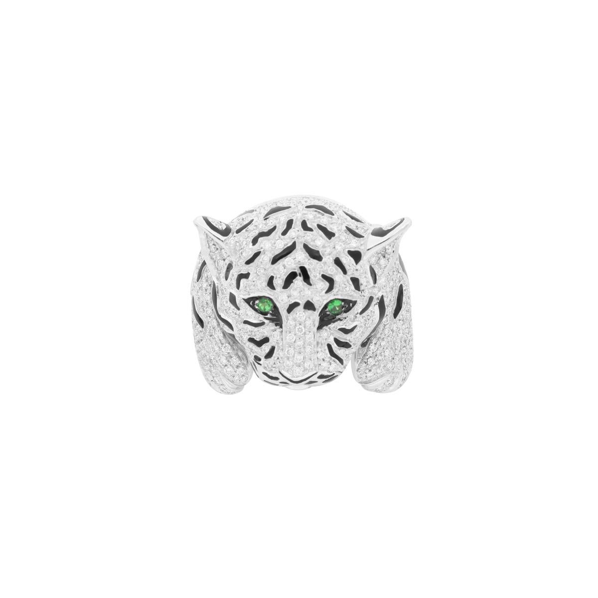 This tiger-shaped 18kt white gold ring features 342 white diamonds for a total of 1.90ct. 
Tigers are revered creatures in many cultures and are always associated with courage and strength.
Being white tigers rarer in nature they are often