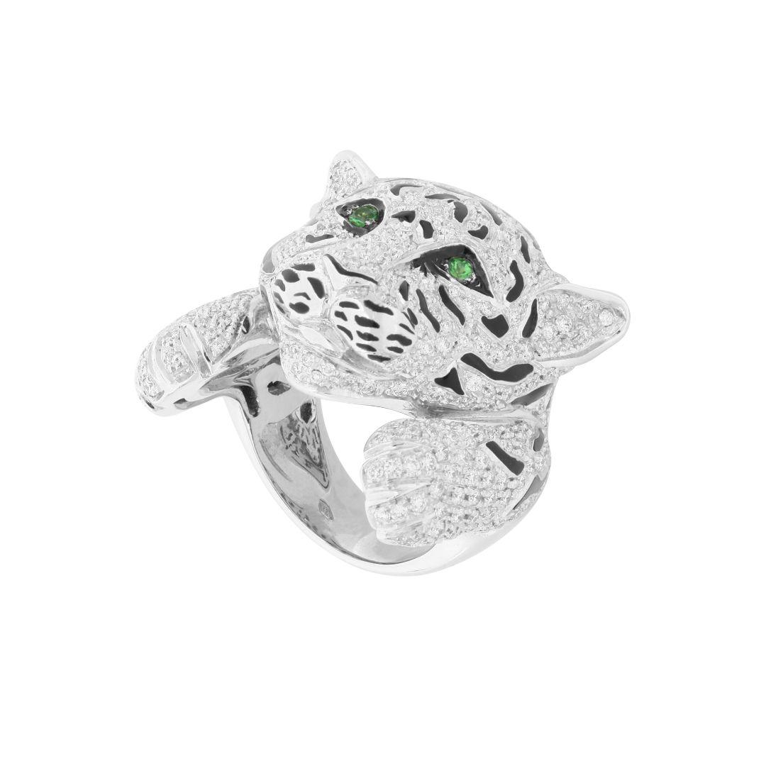 Artisan White Diamonds Pavè and Green Tsavorites Fashion Tiger Ring For Sale