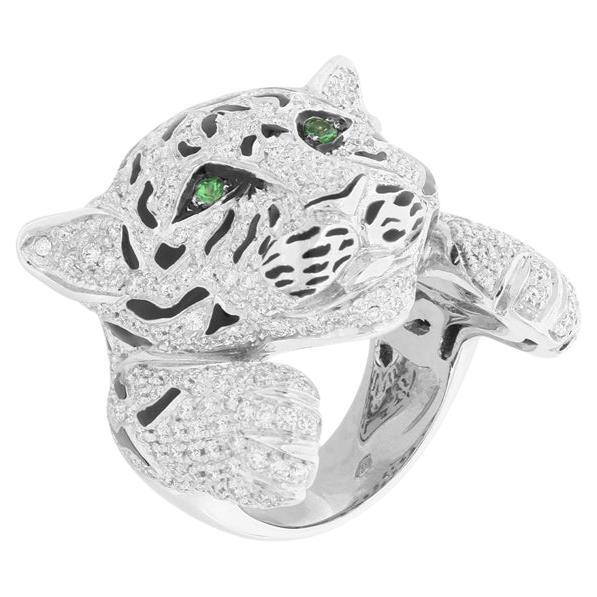 White Diamonds Pavè and Green Tsavorites Fashion Tiger Ring For Sale