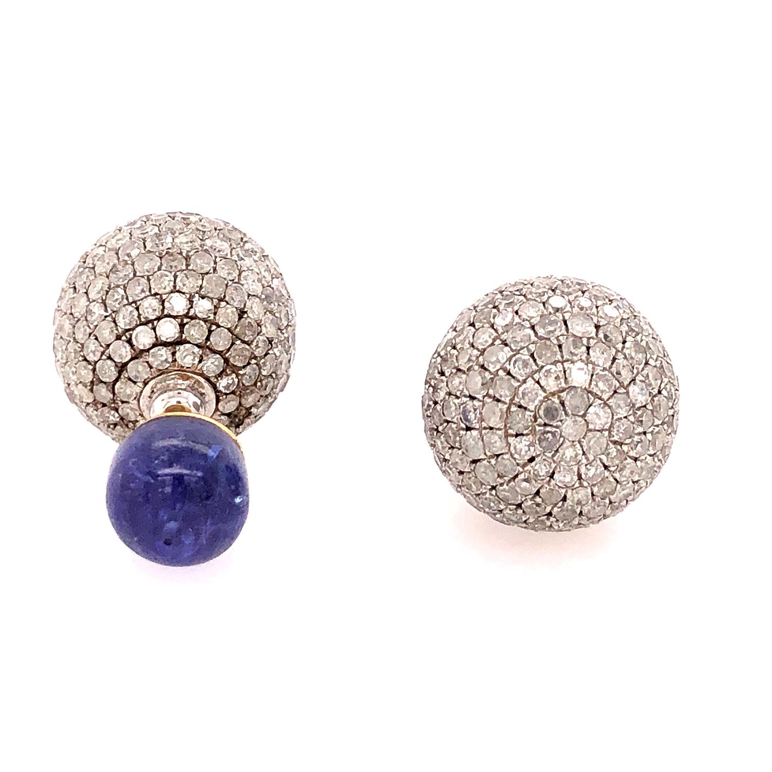 Art Deco White Diamonds Pave & Tanzanite Ball Earrings Made In 18k Gold & Silver For Sale