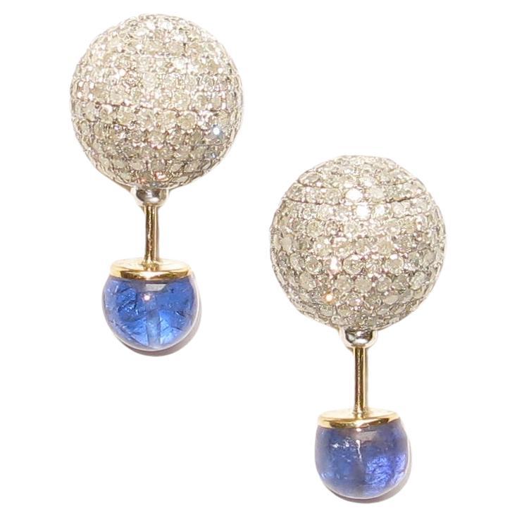 White Diamonds Pave & Tanzanite Ball Earrings Made In 18k Gold & Silver For Sale