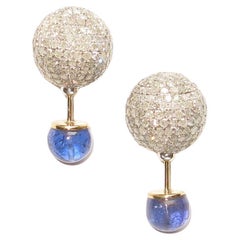 White Diamonds Pave & Tanzanite Ball Earrings Made In 18k Gold & Silver