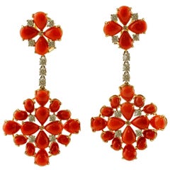 White Diamonds, Red Coral, 14 Karat White and Rose Gold Clip-On Pendant Earrings