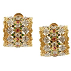 Vintage White Diamonds Rubies Blue Sapphires Tsavorites 18K Yellow Gold Clip-On Earrings