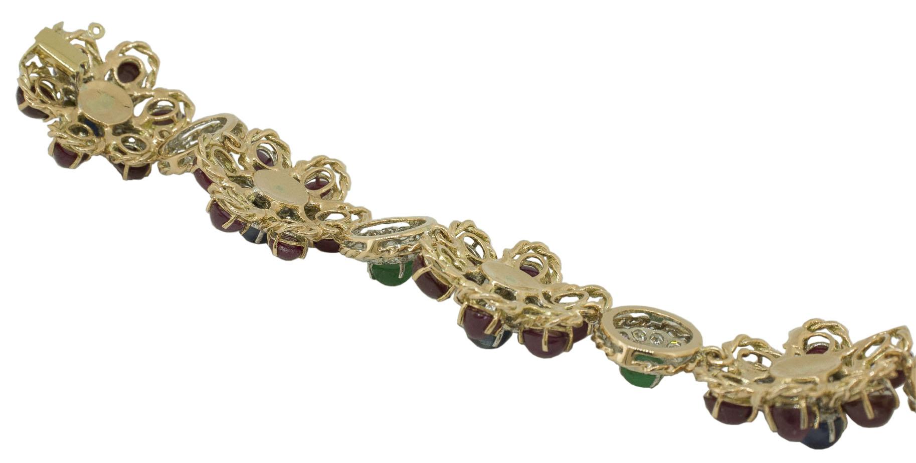 Brilliant Cut White Diamonds Rubies Emeralds Blue Sapphires Rose and White Gold Link Bracelet For Sale