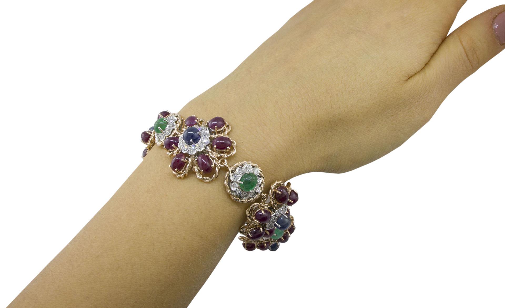Women's White Diamonds Rubies Emeralds Blue Sapphires Rose and White Gold Link Bracelet For Sale