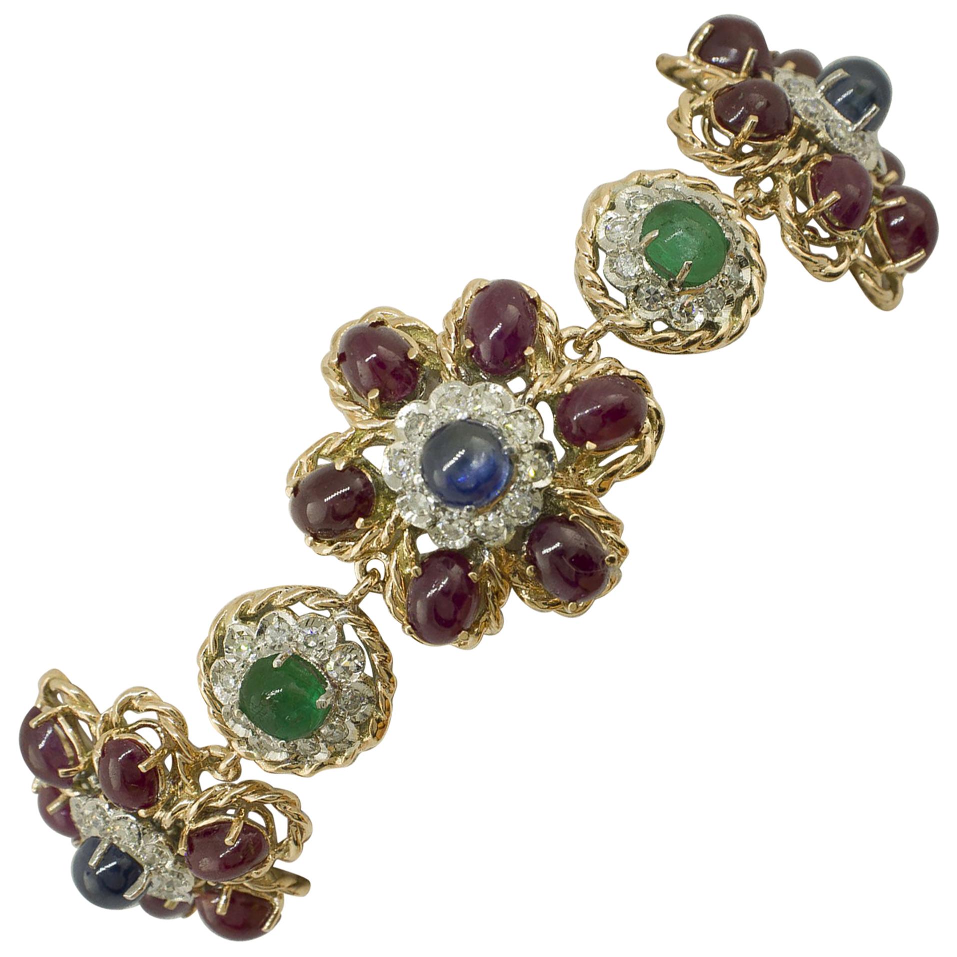 White Diamonds Rubies Emeralds Blue Sapphires Rose and White Gold Link Bracelet For Sale