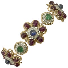 White Diamonds Rubies Emeralds Blue Sapphires Rose and White Gold Link Bracelet