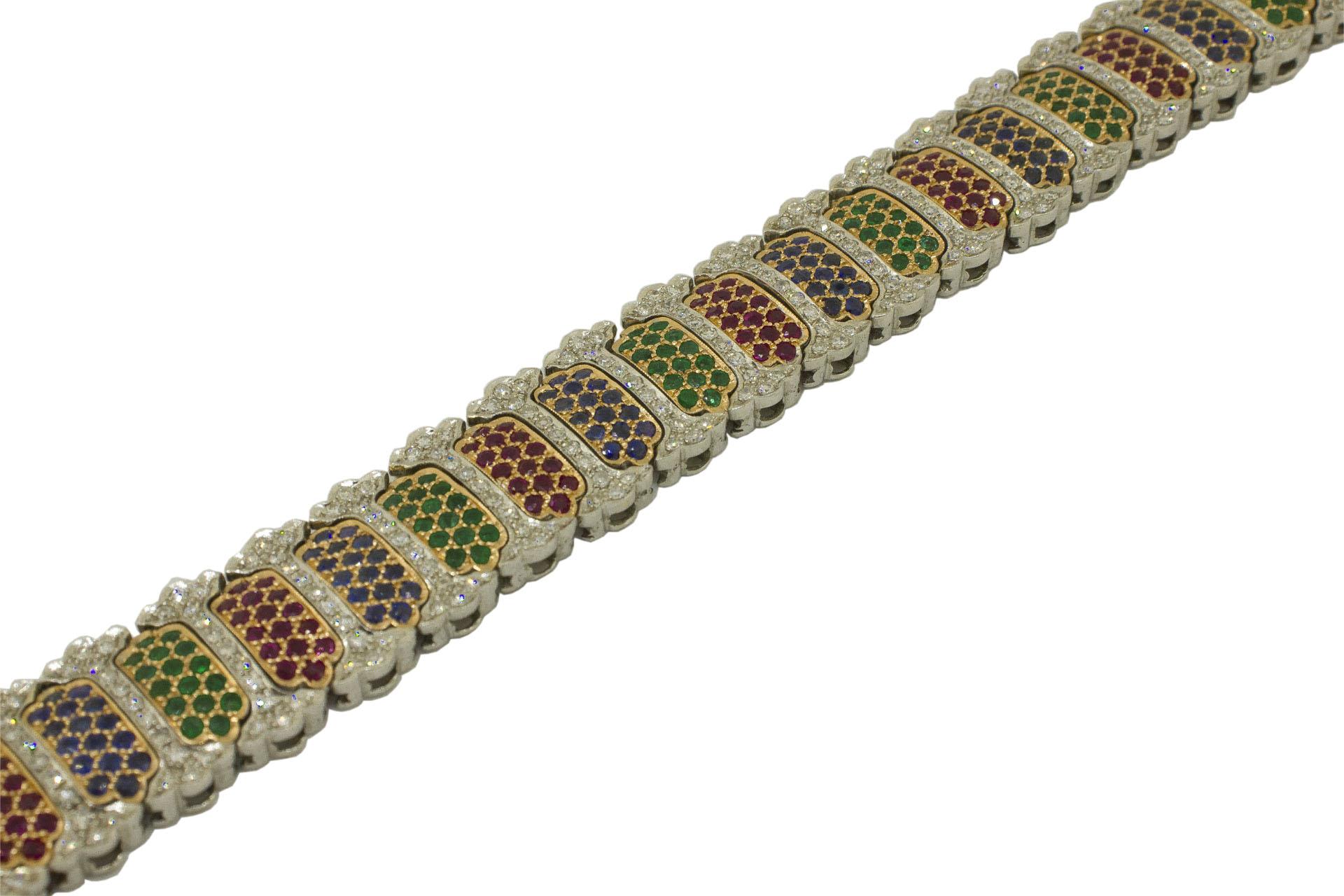 Gliederarmband aus Weiß- und Roségold mit weißen Diamanten, Rubinen, Smaragden und blauen Saphiren (Retro) im Angebot