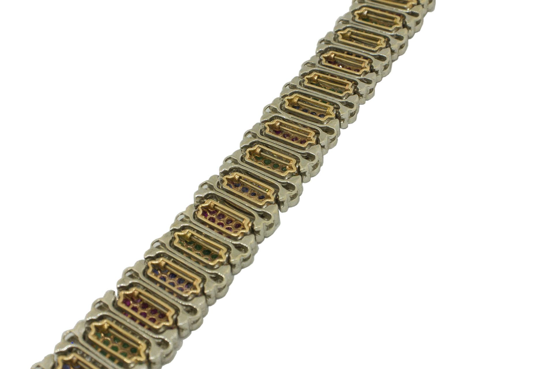 Retro White Diamonds Rubies Emeralds Blue Sapphires White and Rose Gold Link Bracelet For Sale
