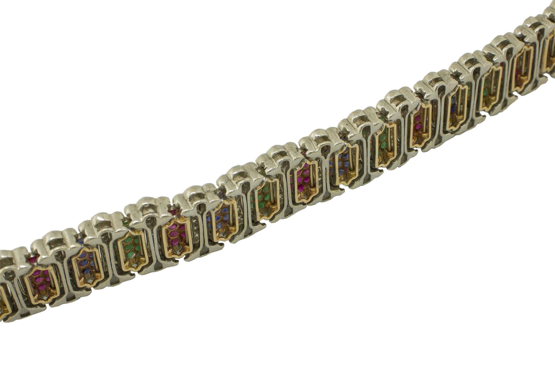 Brilliant Cut White Diamonds Rubies Emeralds Blue Sapphires White and Rose Gold Link Bracelet For Sale