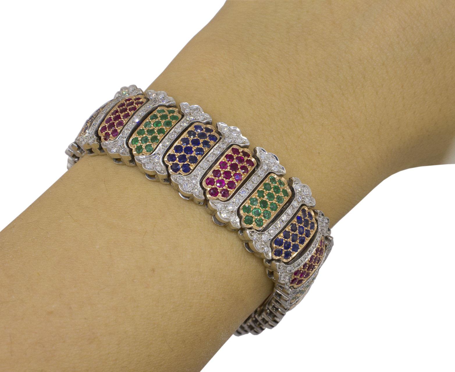 Women's White Diamonds Rubies Emeralds Blue Sapphires White and Rose Gold Link Bracelet For Sale