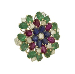 White Diamonds Rubies Emeralds Blue Sapphires White and Yellow Gold Flower Ring