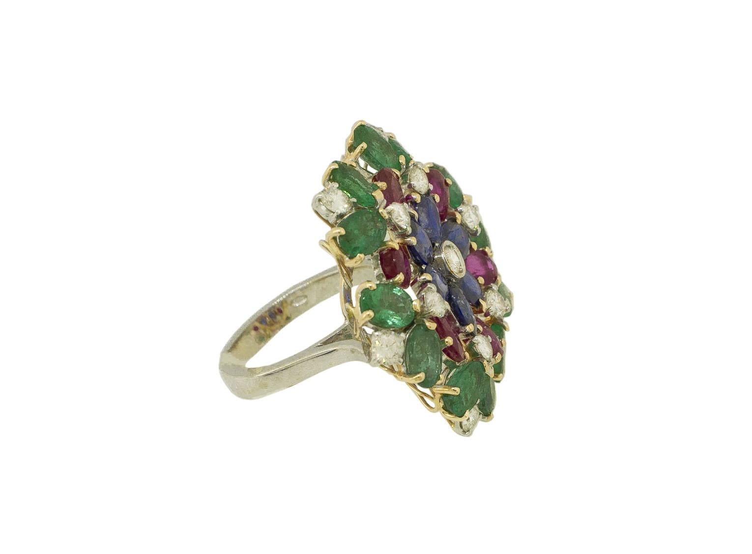 Retro White Diamonds Rubies Emeralds Blue Sapphires White and Yellow Gold Flower Ring For Sale