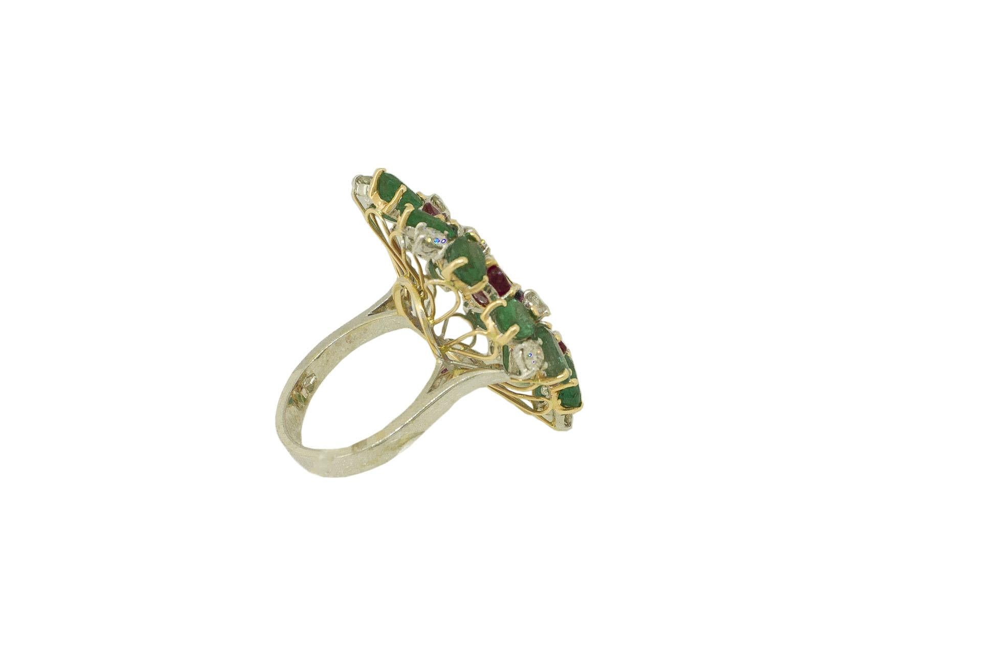 Mixed Cut White Diamonds Rubies Emeralds Blue Sapphires White and Yellow Gold Flower Ring