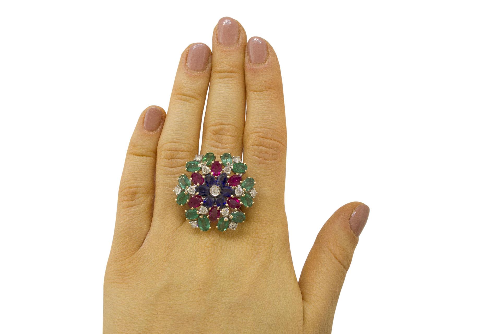 Women's White Diamonds Rubies Emeralds Blue Sapphires White and Yellow Gold Flower Ring For Sale