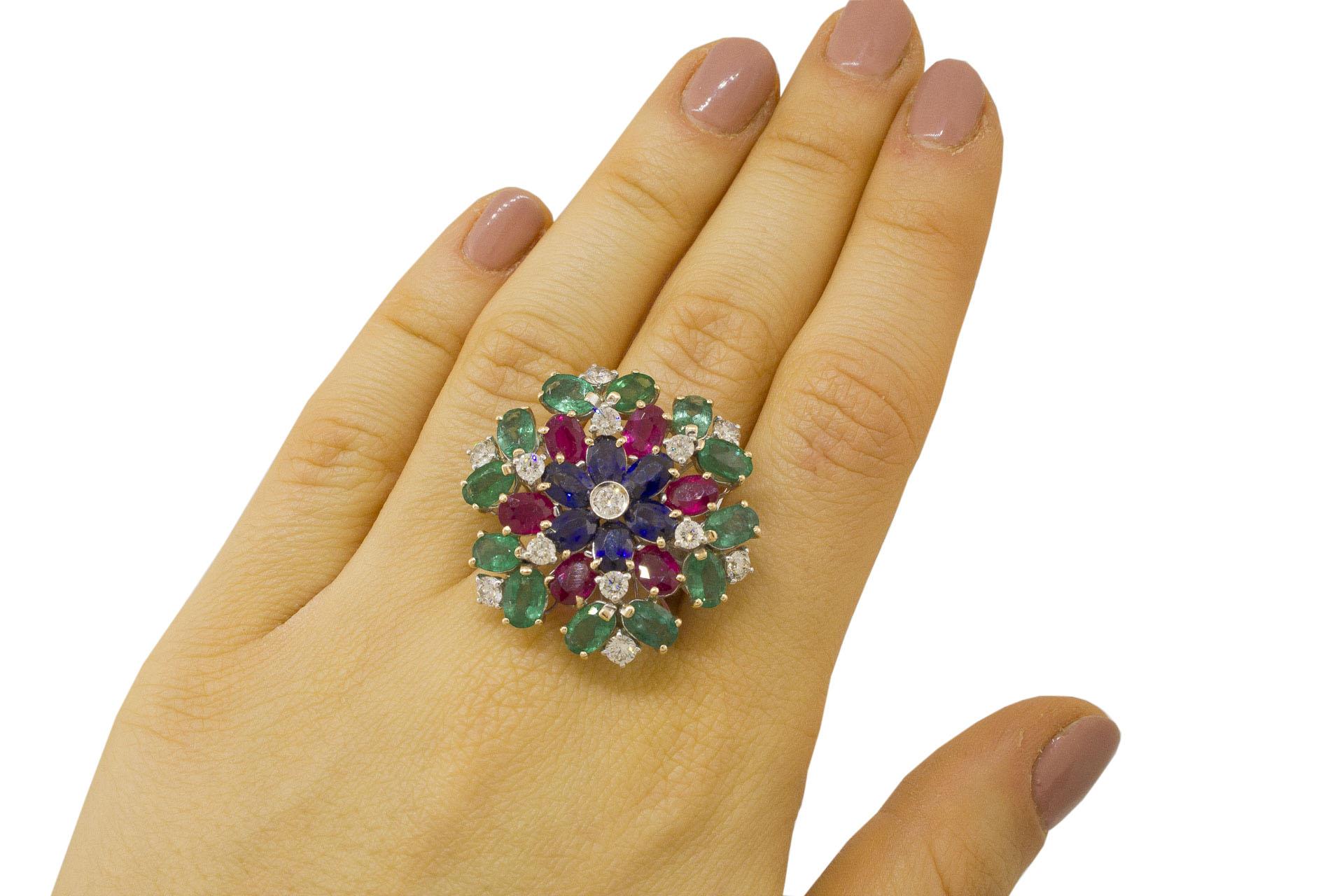 White Diamonds Rubies Emeralds Blue Sapphires White and Yellow Gold Flower Ring For Sale 1