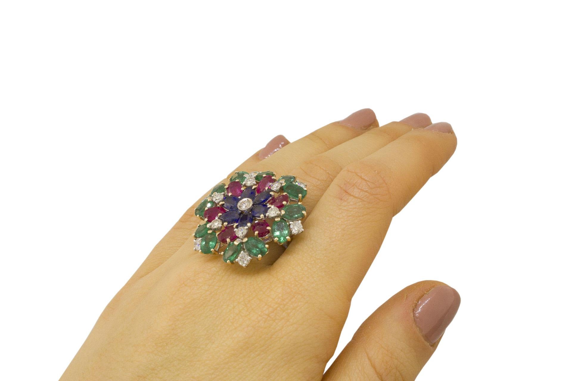 White Diamonds Rubies Emeralds Blue Sapphires White and Yellow Gold Flower Ring For Sale 2