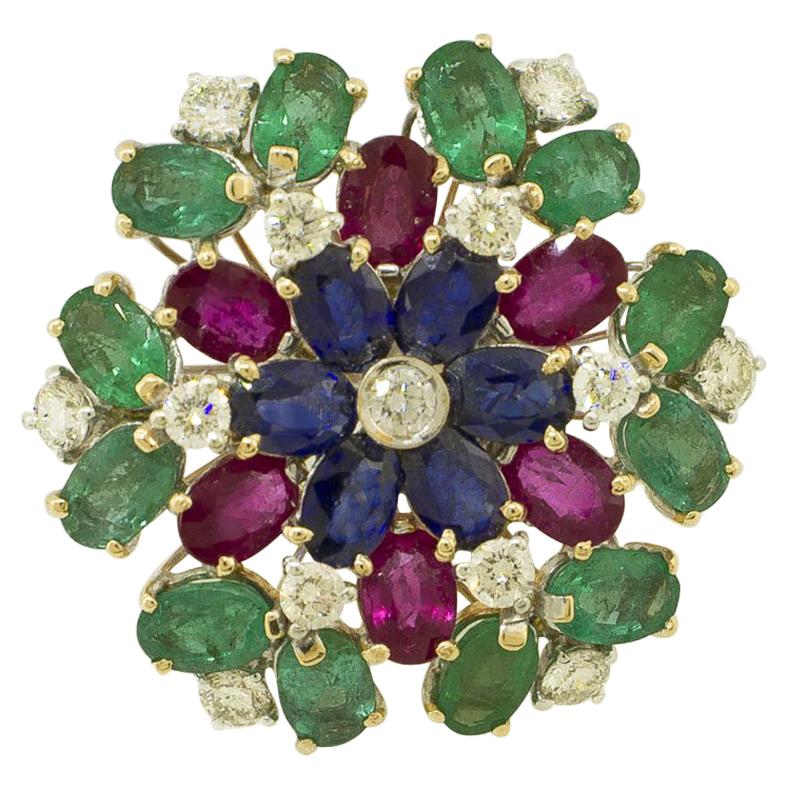 White Diamonds Rubies Emeralds Blue Sapphires White and Yellow Gold Flower Ring For Sale