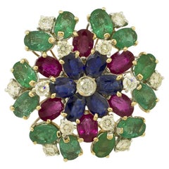 Vintage White Diamonds Rubies Emeralds Blue Sapphires White and Yellow Gold Flower Ring