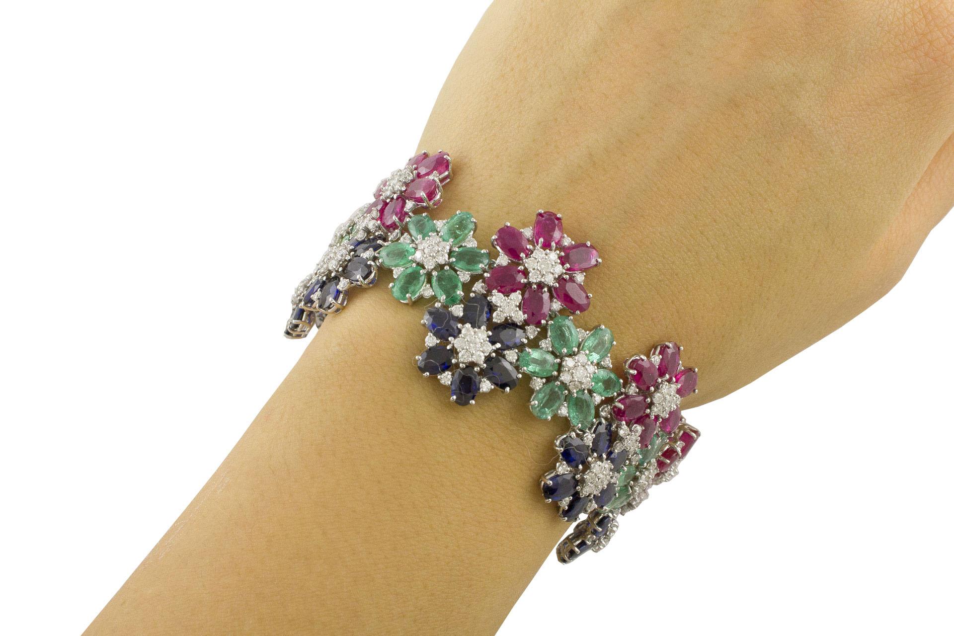 White Diamonds Rubies Emeralds Blue Sapphires White Gold Flower Link Bracelet 3