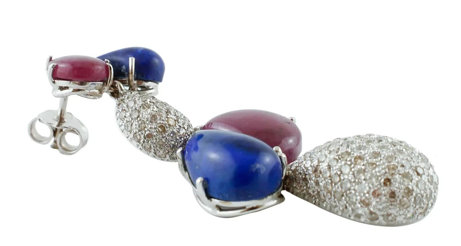 Retro White Diamonds, Rubies, Lapis Lazuli 14 Karat White Gold Drop or Dangle Earrings