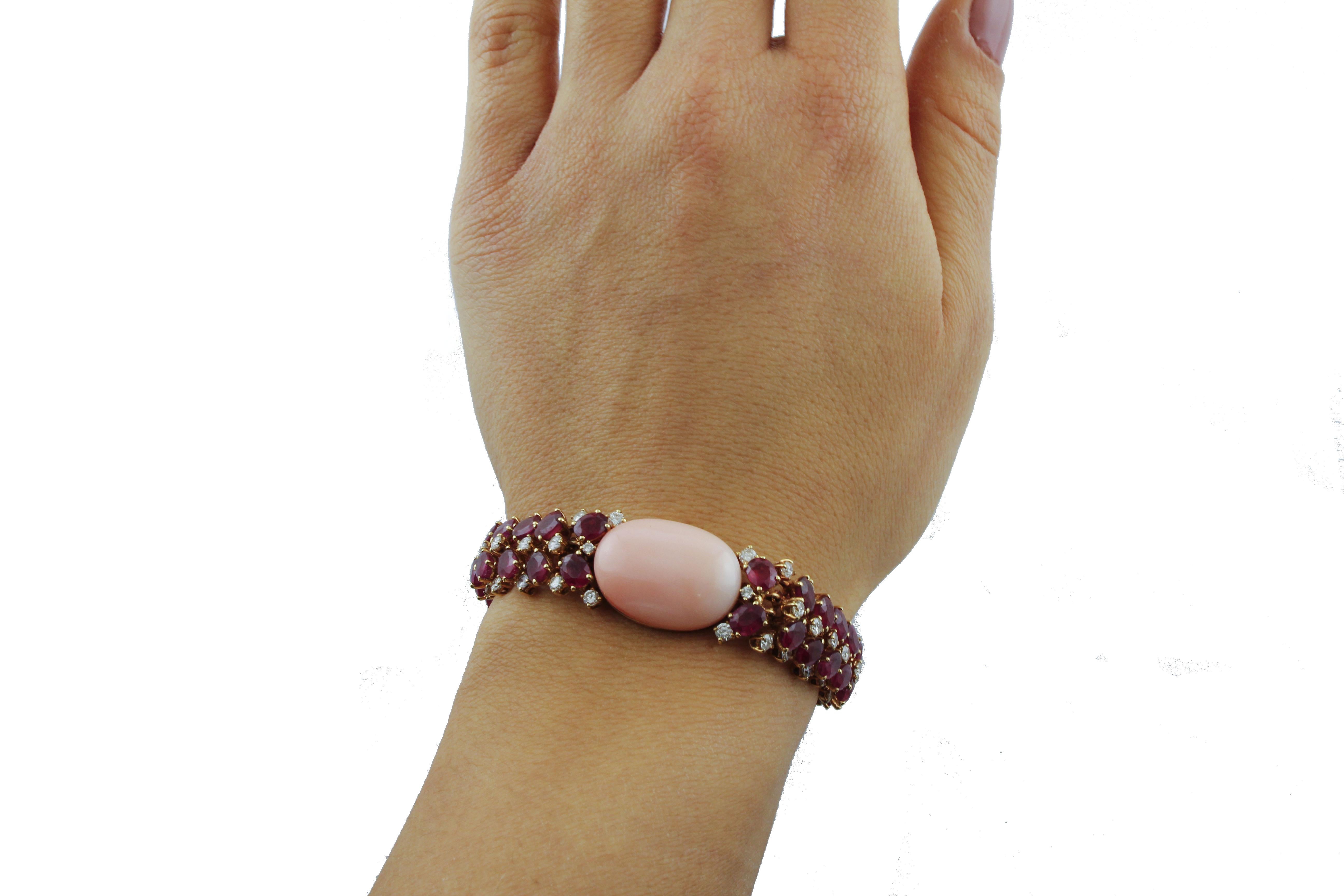 Retro White Diamonds Rubies Pink Coral Rose Gold Bracelet For Sale