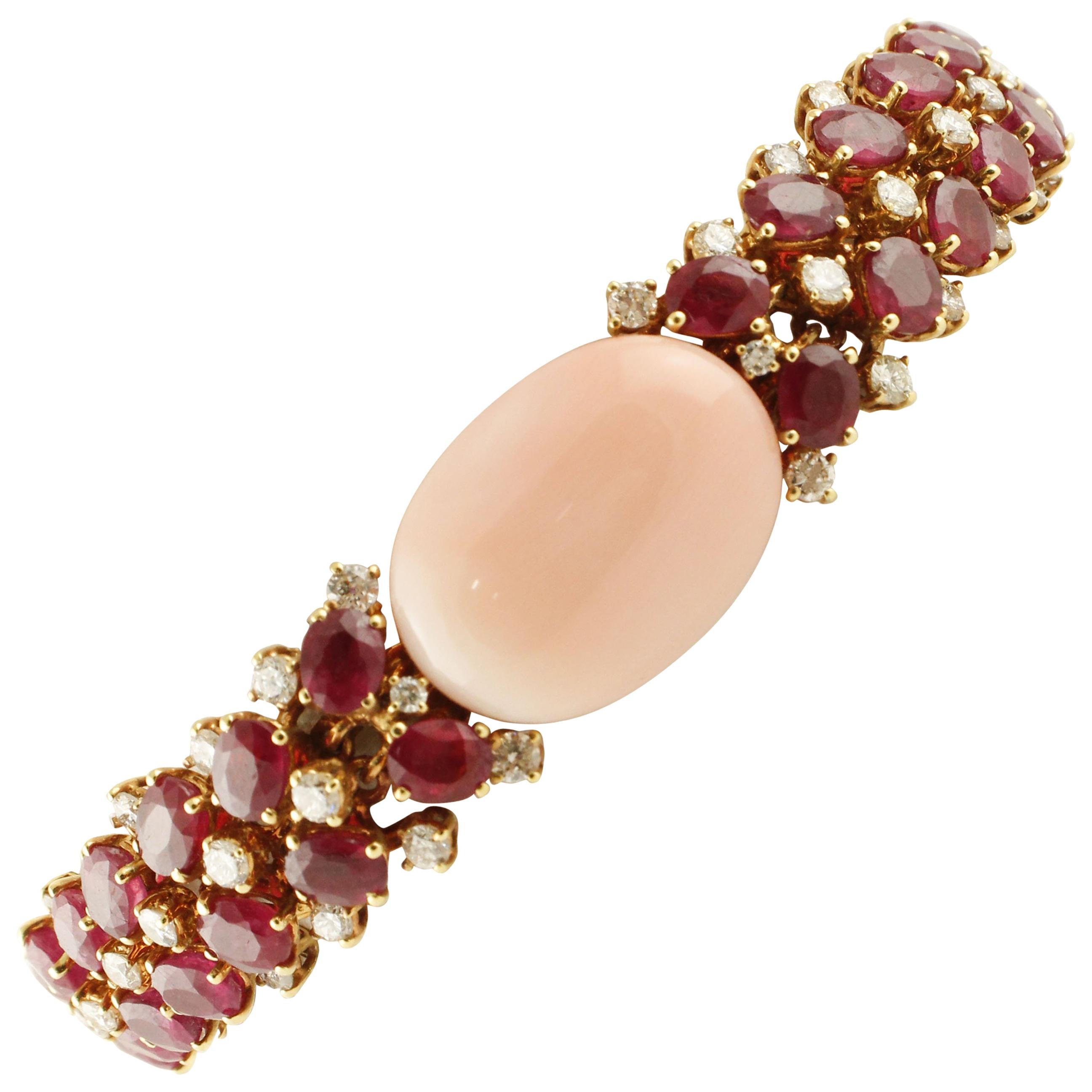 White Diamonds Rubies Pink Coral Rose Gold Bracelet For Sale