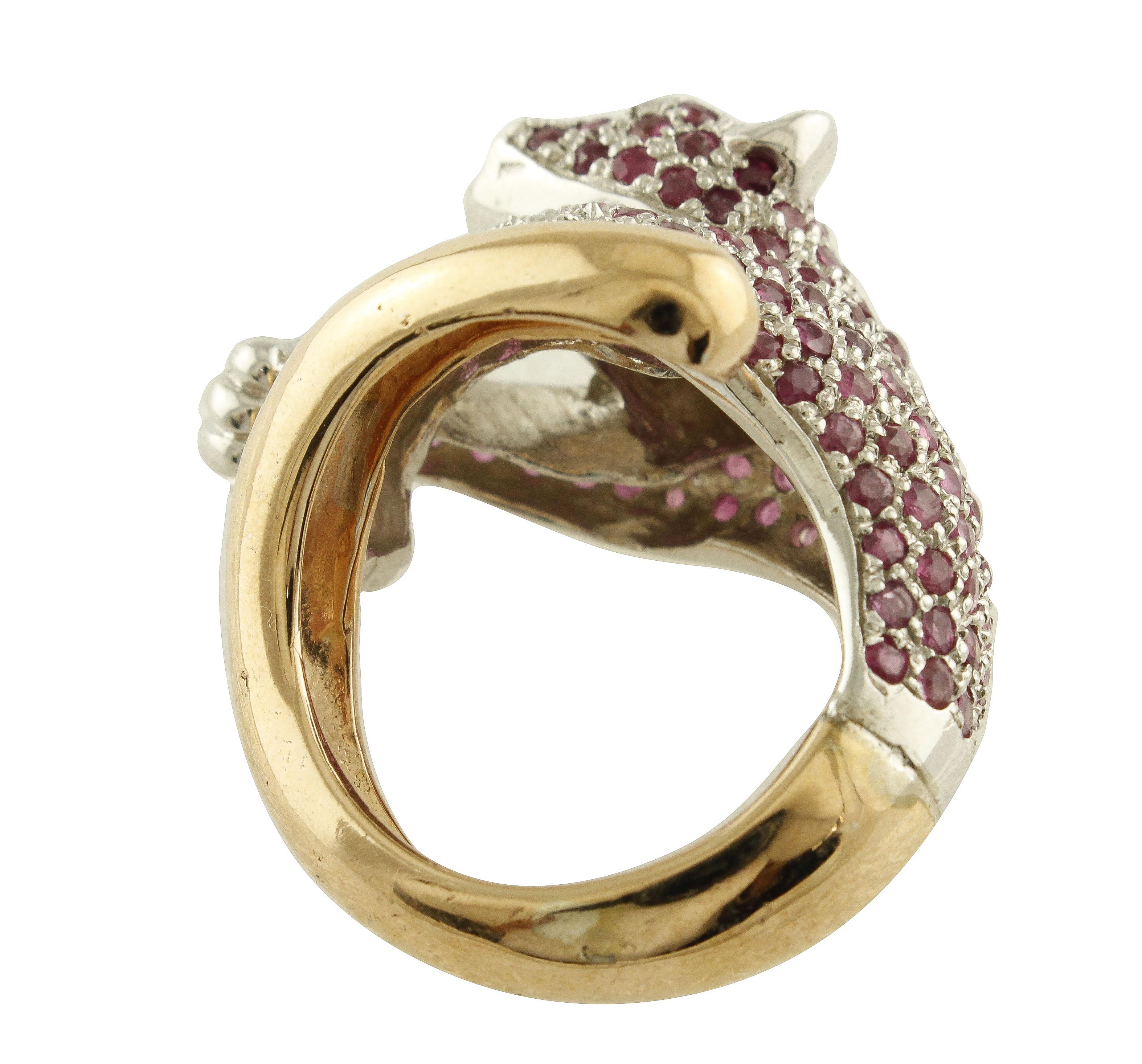 Retro White Diamonds Rubies Rose Gold and Silver Cheetah Ring For Sale