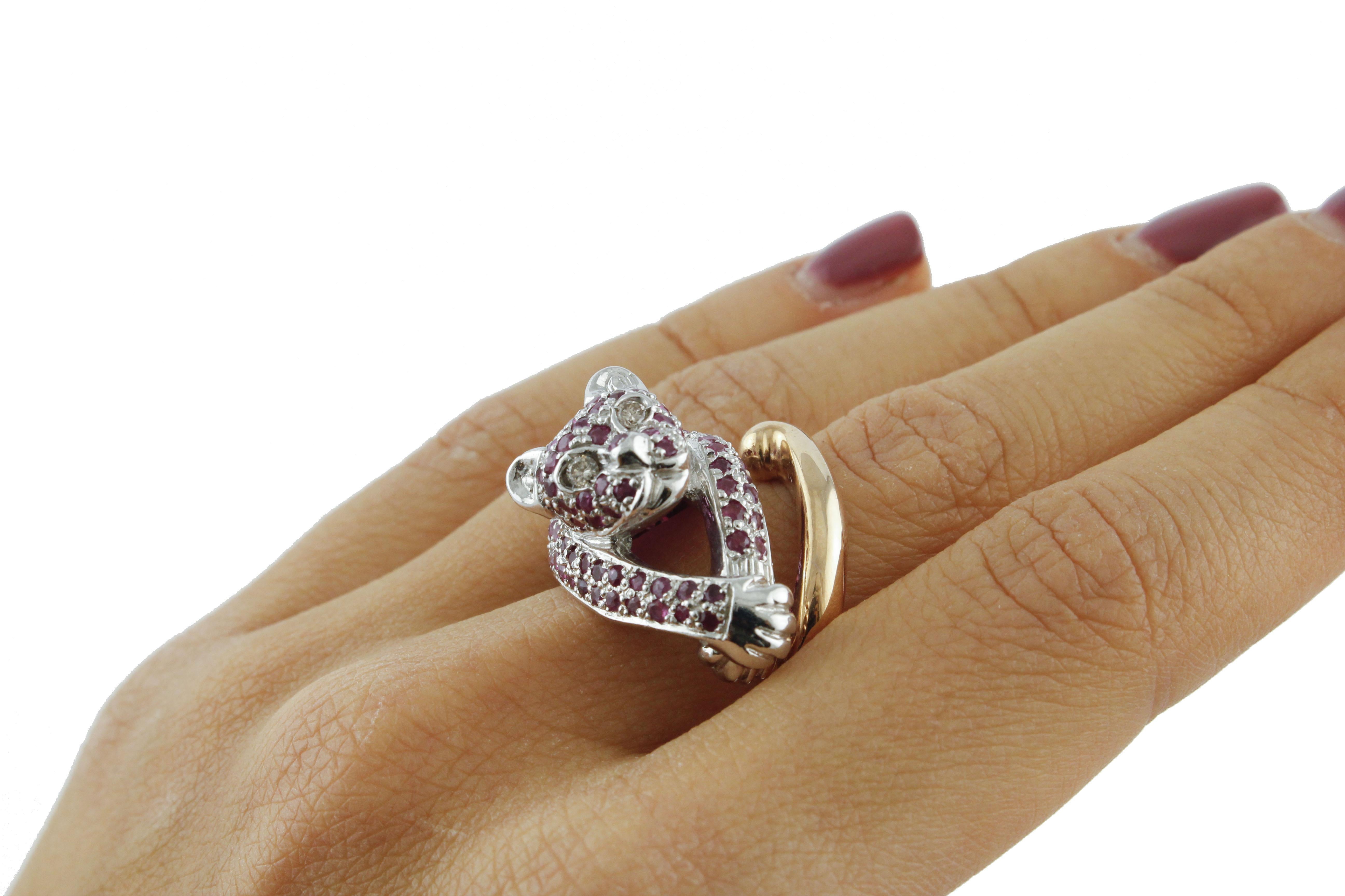 Women's White Diamonds Rubies Rose Gold and Silver Cheetah Ring For Sale