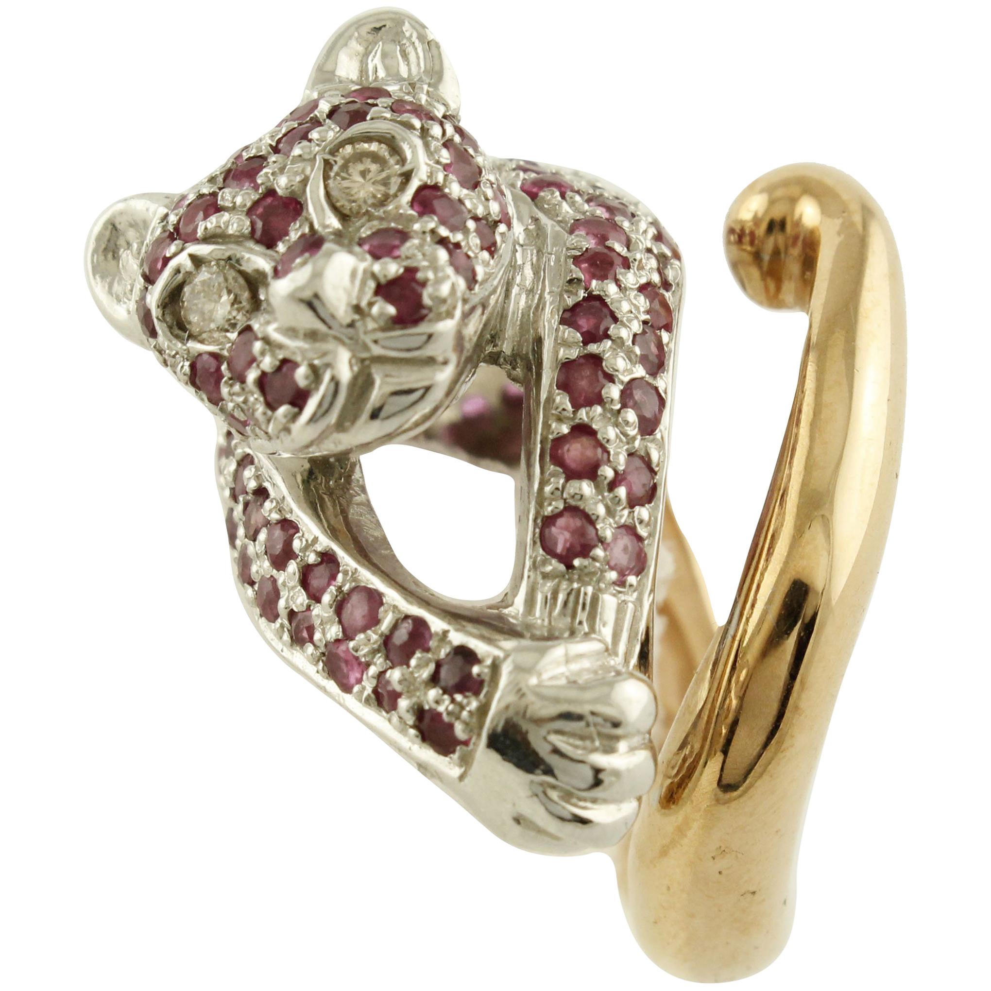 Cheetah-Ring mit weißen Diamanten, Rubinen, Roségold und Silber