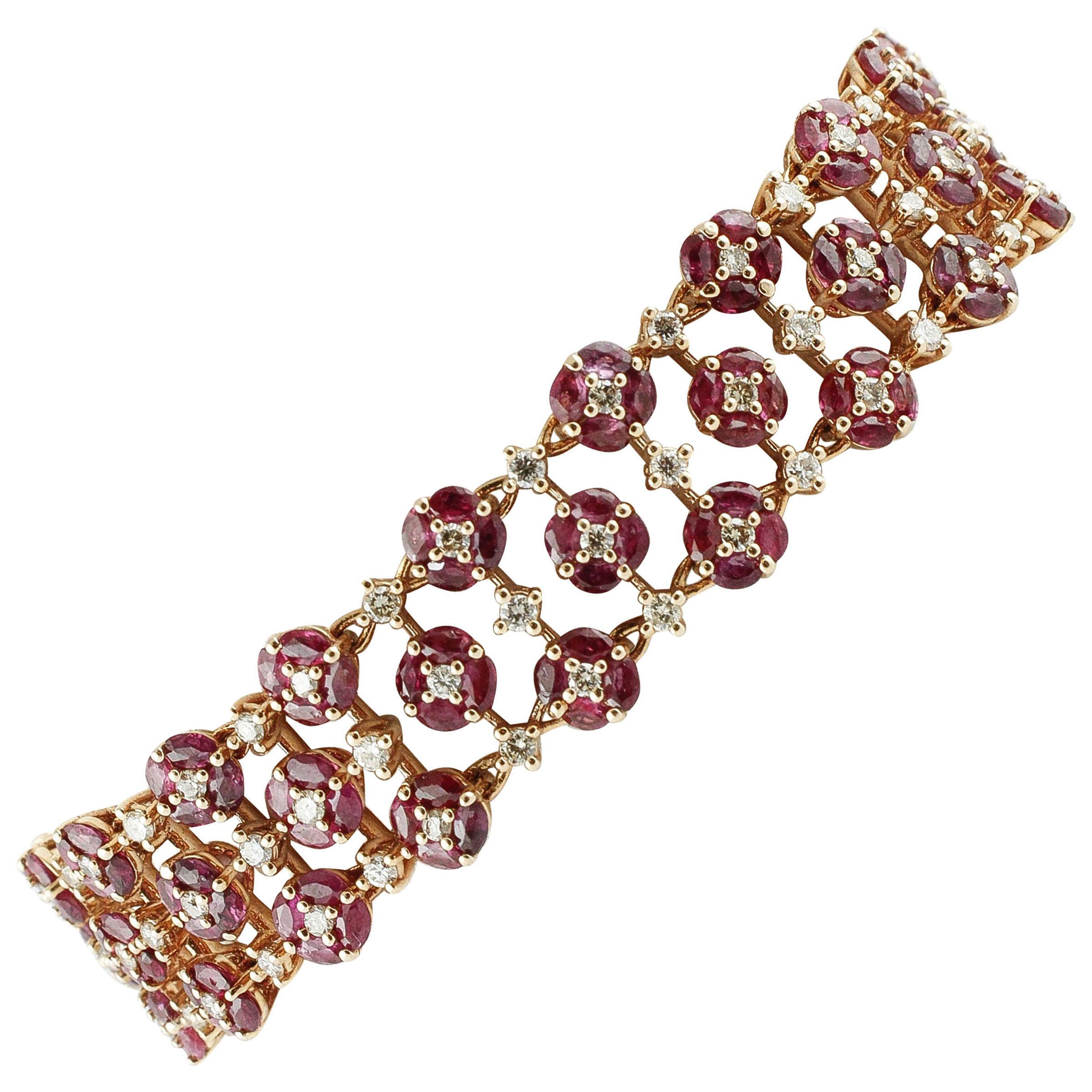 White Diamonds Rubies Rose Gold Little Flower Theme Link Bracelet