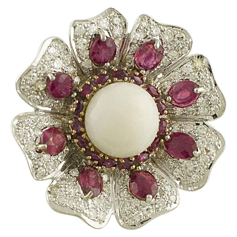 White Diamonds Rubies White Coral White and Rose Gold Flower Fashion Ring