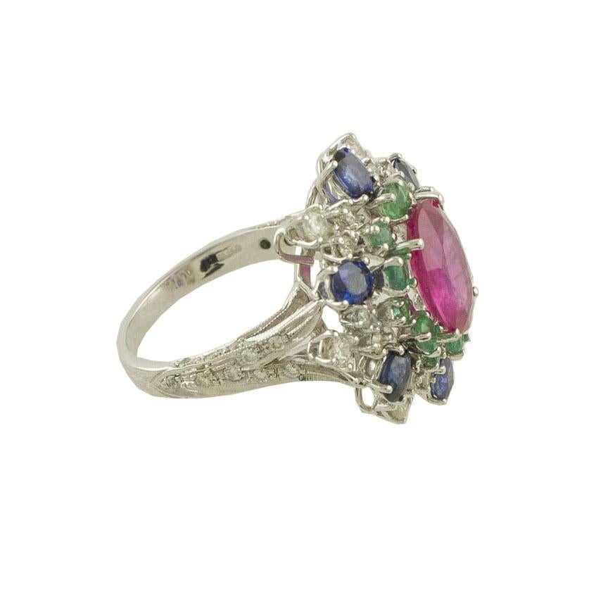 White Diamonds Ruby Emeralds Blue Sapphires White Gold Cocktail Ring In Excellent Condition In Marcianise, Marcianise (CE)