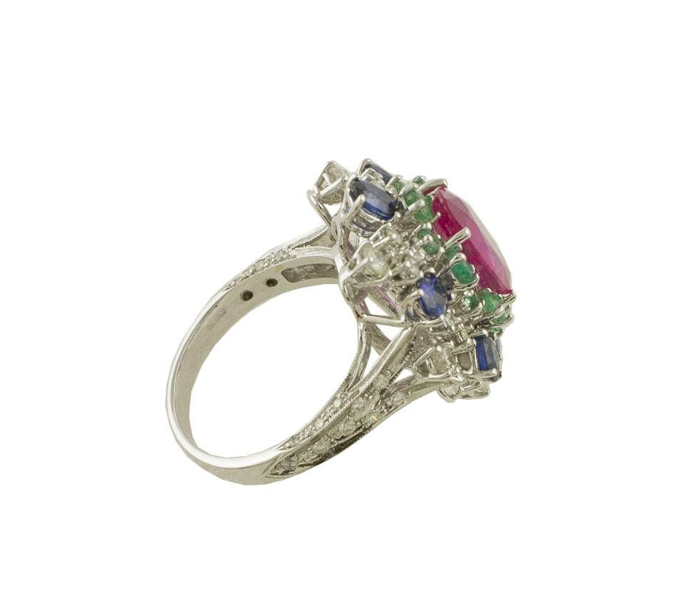 Women's White Diamonds Ruby Emeralds Blue Sapphires White Gold Cocktail Ring